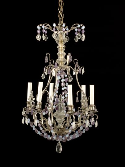 Appraisal: French Brass Argente Quartz and Gemstone Six-Light Chandelier second quarter