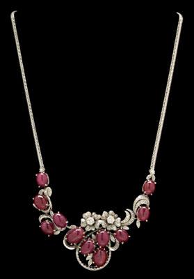 Appraisal: Ruby diamond necklace central floral plaque set with oval cabochon