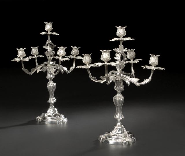 Appraisal: Pair of French Silvered Bronze Candelabra first quarter th century