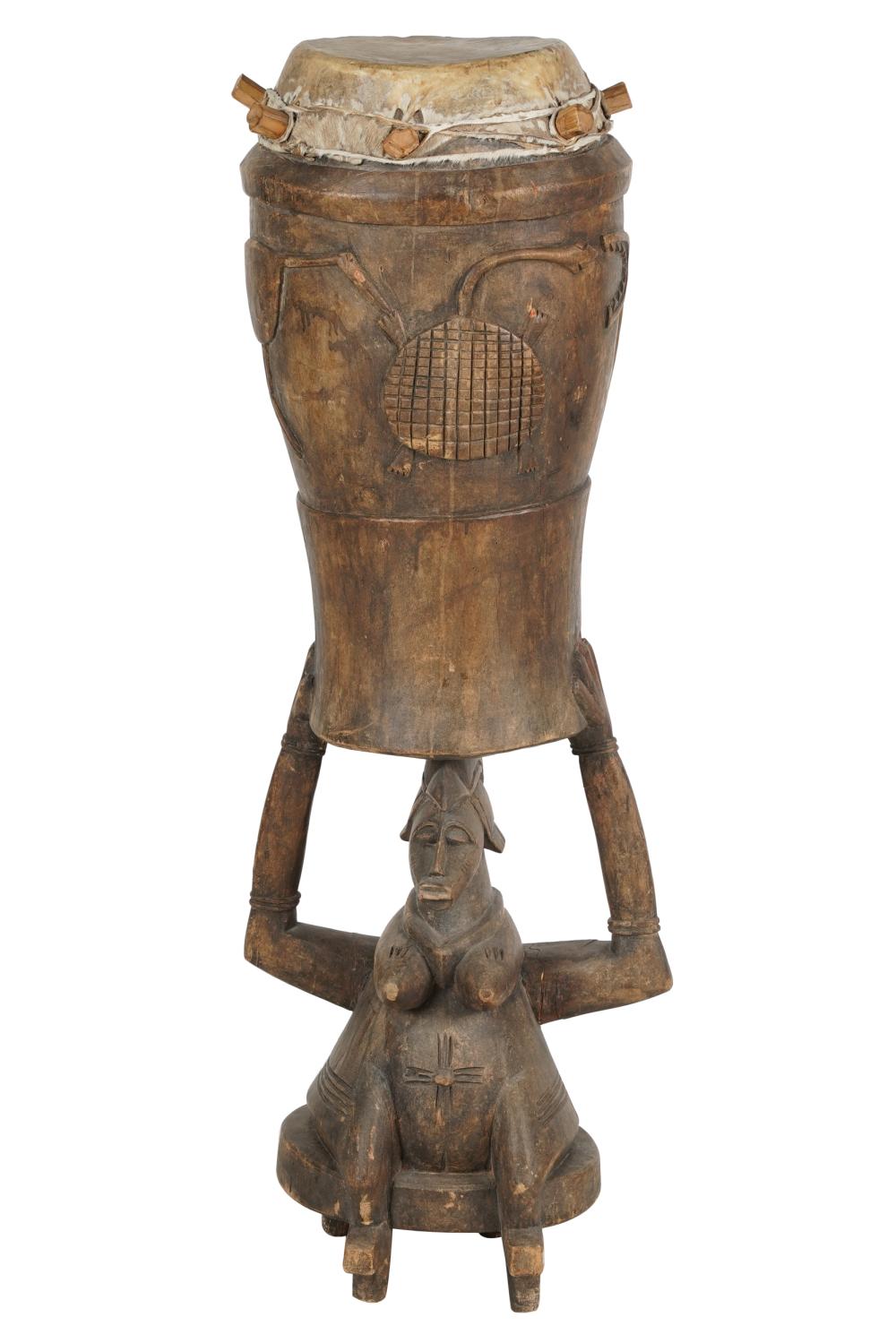 Appraisal: AFRICAN CARVED WOOD DRUMdepicting a nude female holding aloft the