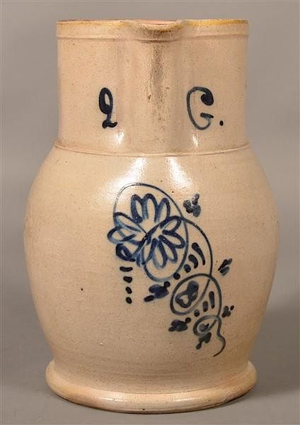 Appraisal: Gallon Stoneware Pitcher w Blue Floral Dec th Century Two