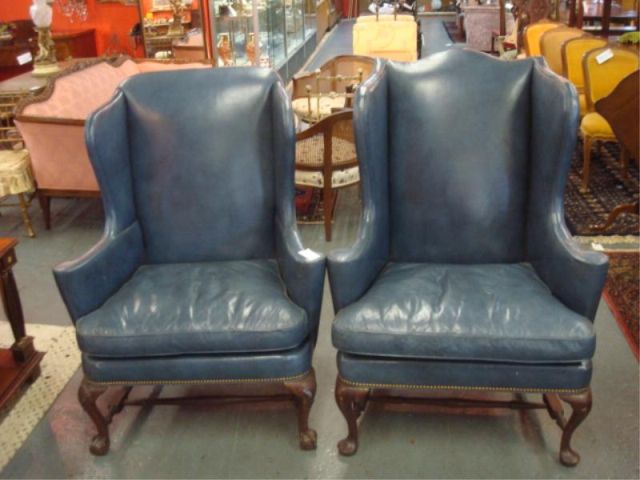 Appraisal: Two Queen Anne Style Blue Wing Back Chairs From a