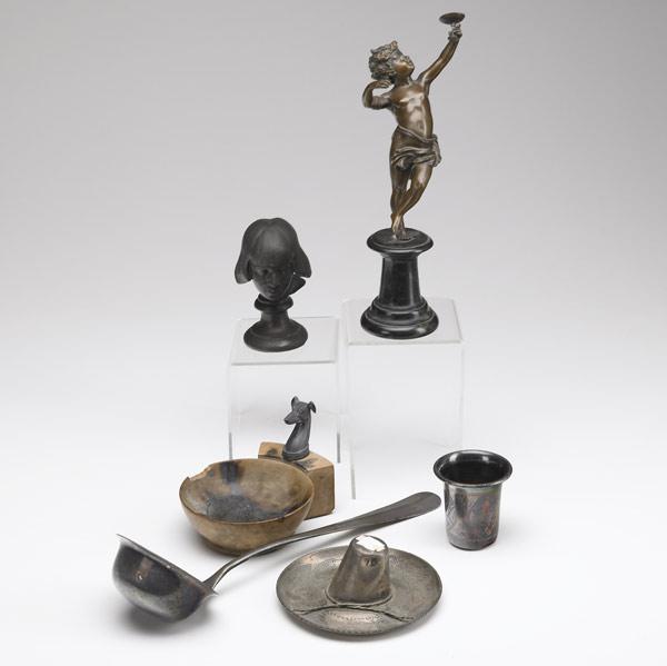 Appraisal: SILVER AND BRONZE GROUPING Six pieces includes figure of a