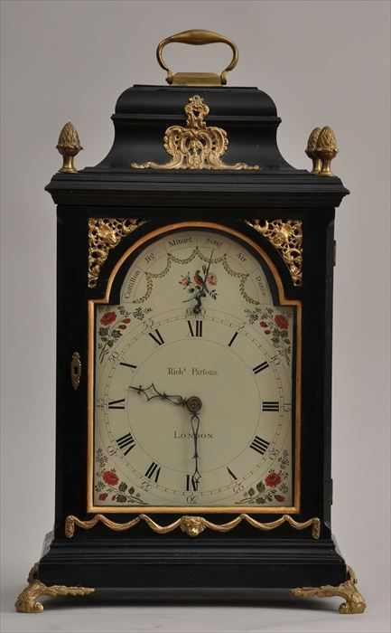 Appraisal: GEORGE III GILT-METAL MOUNTED BLACK LACQUER MUSICAL BRACKET CLOCK The