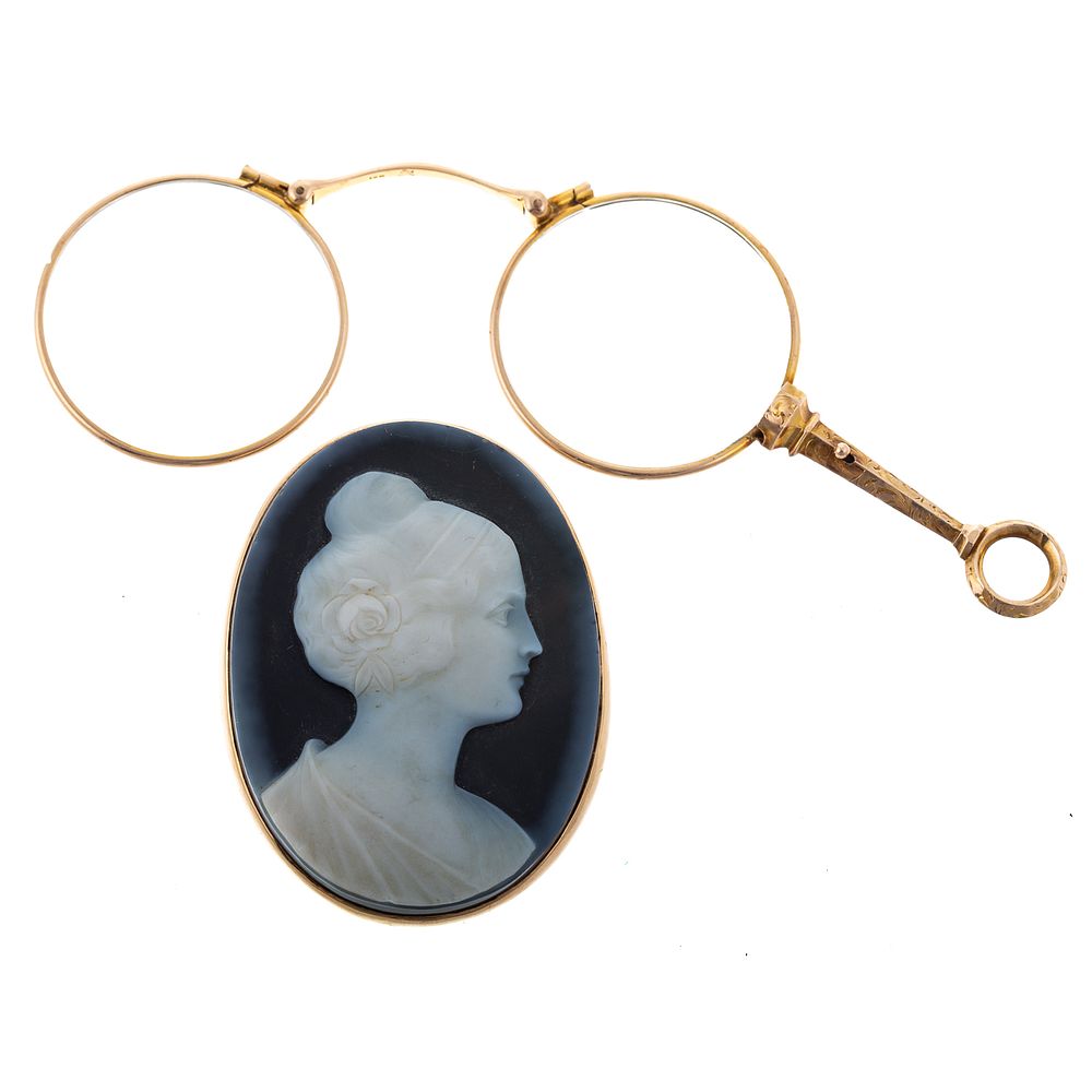 Appraisal: A Hardstone Cameo Pair of Lorgnettes in Gold K yellow