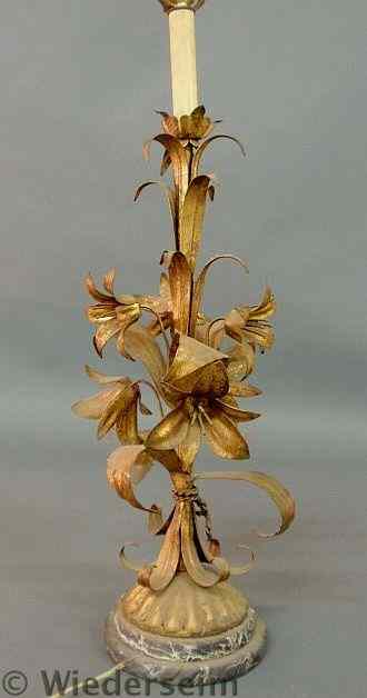 Appraisal: Gilt metal trumpet vine form table lamp with a circular