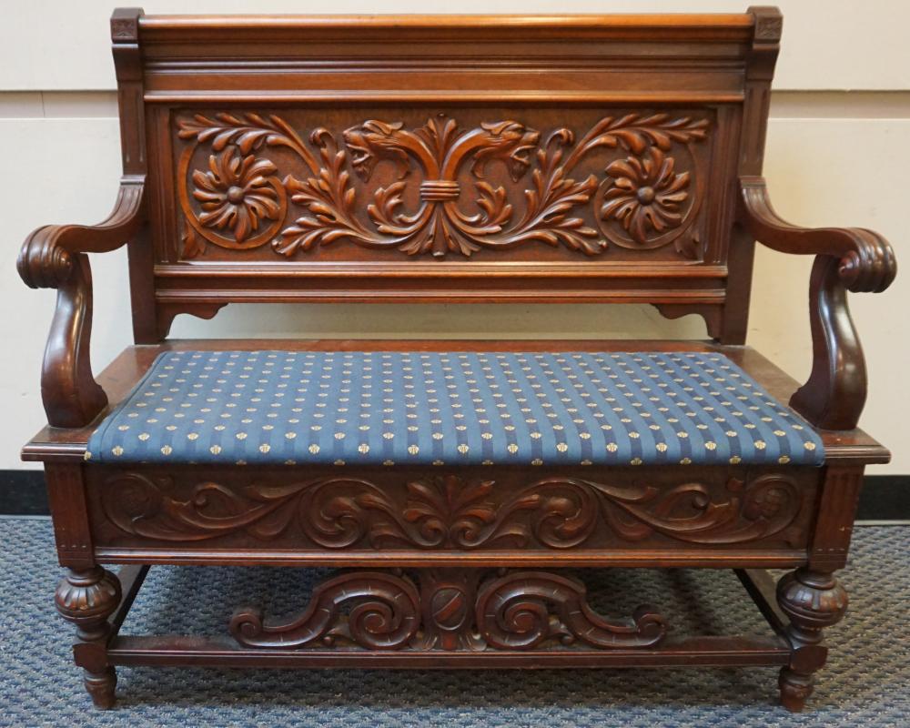 Appraisal: Renaissance Style Walnut Hinged Seat Hall Bench W in x