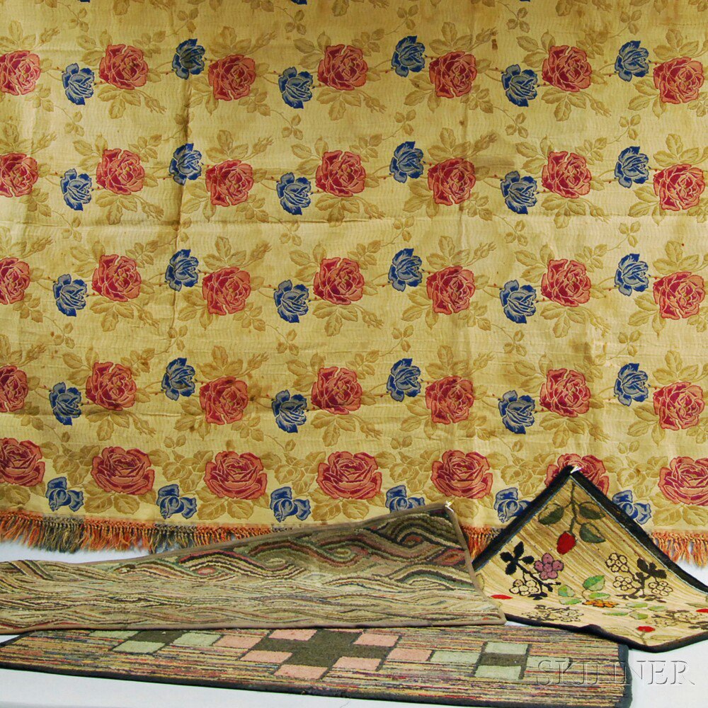 Appraisal: Three Hooked Mats and a Floral Coverlet three mats with