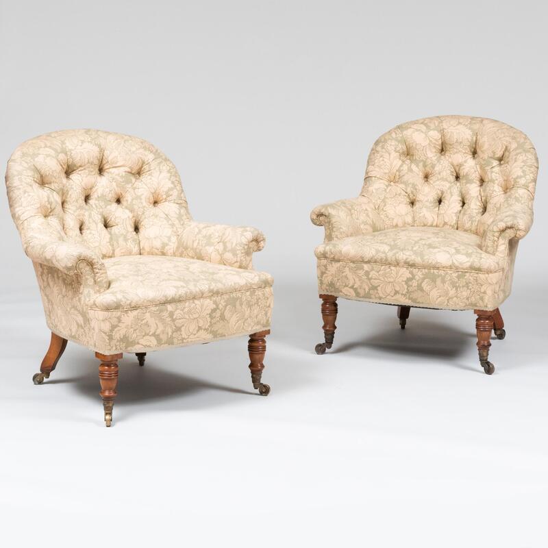 Appraisal: Pair of Victorian Style Tufted Green and Cream Floral Upholstered