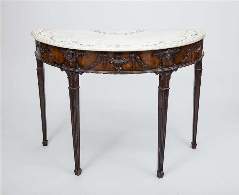 Appraisal: Edwardian Carved Mahogany D-Shaped Console With inlaid marble top in