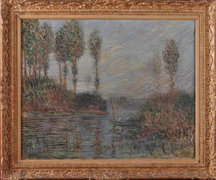 Appraisal: EUROPEAN SCHOOL RIVER SCENE WITH FIGURE IN BOAT Oil on