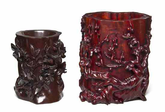 Appraisal: A Group of Two Carved Hardwood Brushpots in the form