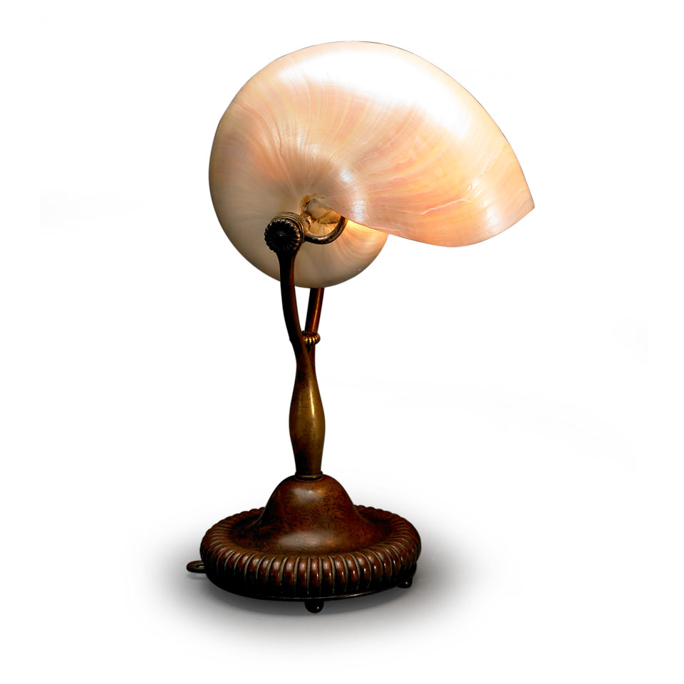 Appraisal: Tiffany Studios Patinated Bronze and Nautilus Shell Desk Lamp early