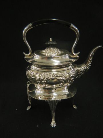 Appraisal: English Silverplate Kettle on Stand with burner ebony handle lion