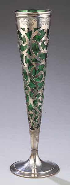 Appraisal: An Art Nouveau Sterling Silver and Green Glass Tall Vase