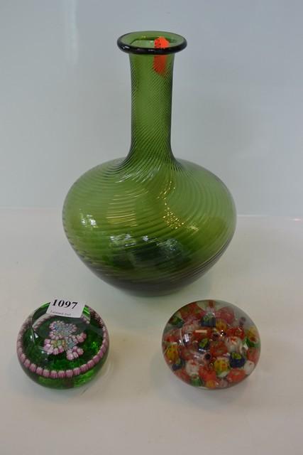 Appraisal: TWO MILLEFIORE PAPERWEIGHTS AND GREE GLASS DECANTER