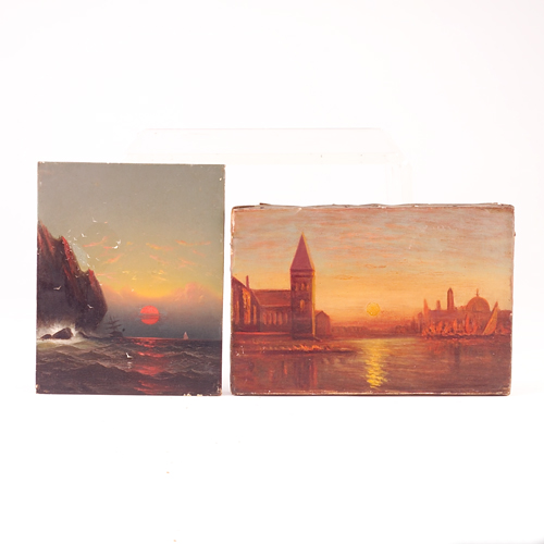 Appraisal: Two seascape at sunset paintings a Venice scene oil on