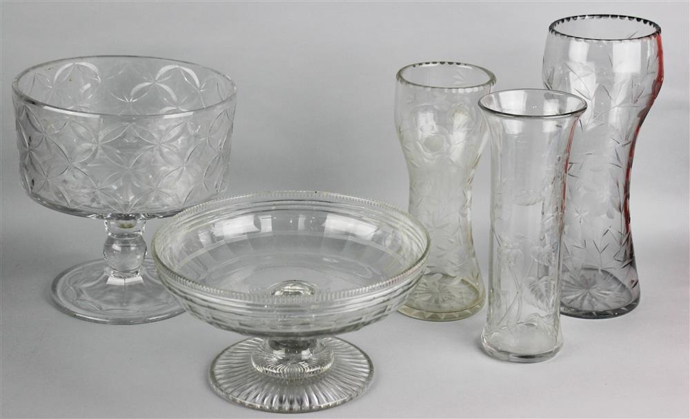 Appraisal: THREE CUT GLASS VASES A TRIFLE BOWL AND A FOOTED