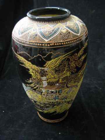 Appraisal: Japanese Pottery Vase black with moriage raised landscape '' signed