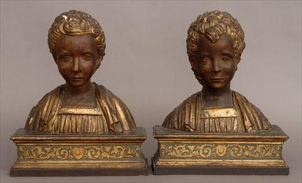 Appraisal: PAIR OF RENAISSANCE-STYLE CARVED PAINTED AND PARCEL-GILT BUSTS OF BOYS