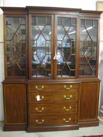 Appraisal: Henkel-Harris Mahogany Breakfront inlaid trim brass pulls glass shelves lights