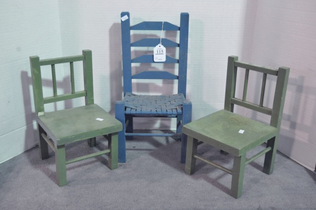 Appraisal: Three Handmade Doll ChairsIn block-cut style Two are green one