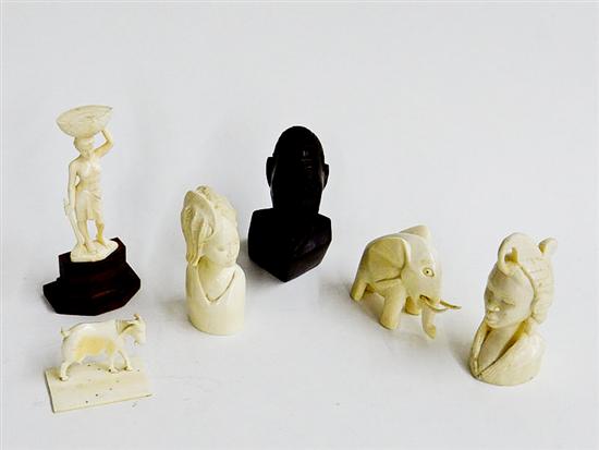 Appraisal: GROUP OF IVORY CARVINGS AND A WOODEN BUST Africa st