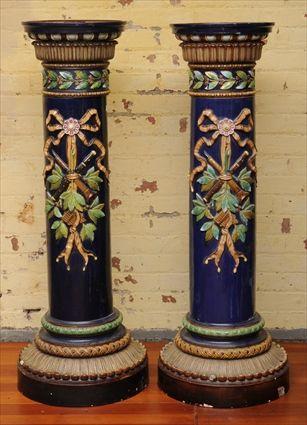 Appraisal: PAIR OF VICTORIAN MAJOLICA PEDESTALS Each with round top over