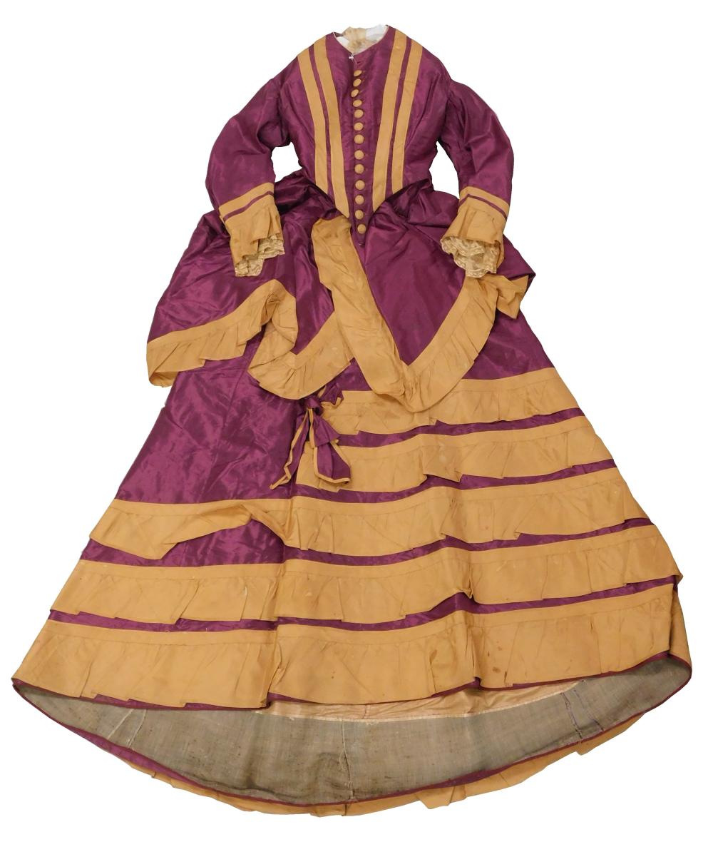 Appraisal: Plum and tan taffeta dress mid- th C museum provenance