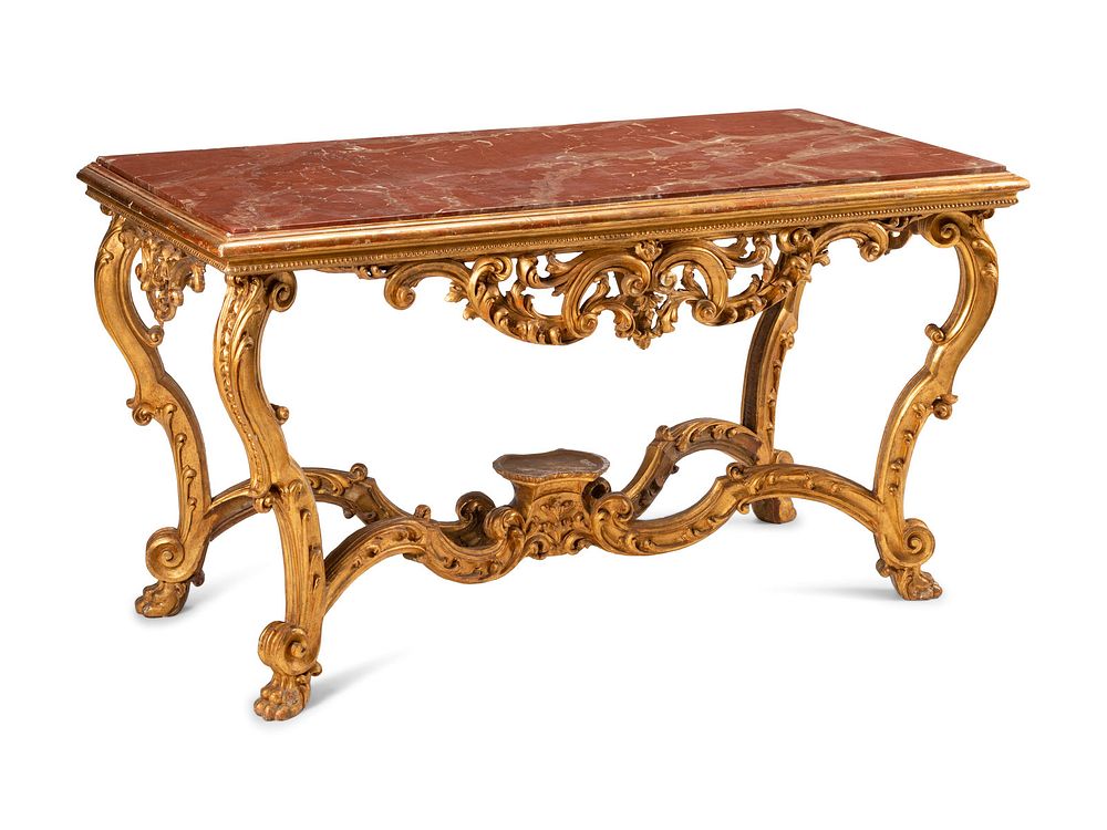 Appraisal: An Italian Giltwood Marble-Top Console Table An Italian Giltwood Marble-Top