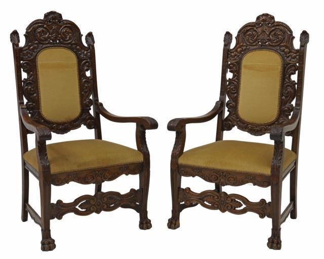 Appraisal: pair French oak armchairs late th c foliate-carved ears centering