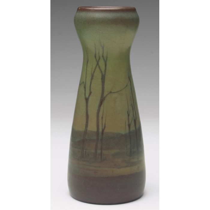 Appraisal: Unusual Rookwood vase Green Vellum glaze beautifully painted landscape by