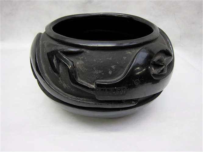 Appraisal: SANTA CLARA PUEBLO BLACK ON BLACK CARVED POTTERY BOWL c