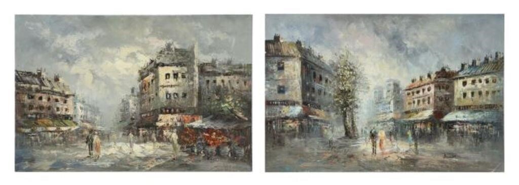 Appraisal: lot of Unframed oil on stretched canvas paintings Parisian Street