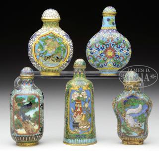 Appraisal: LOT OF FIVE CLOISONNE SNUFF BOTTLES Early th century China