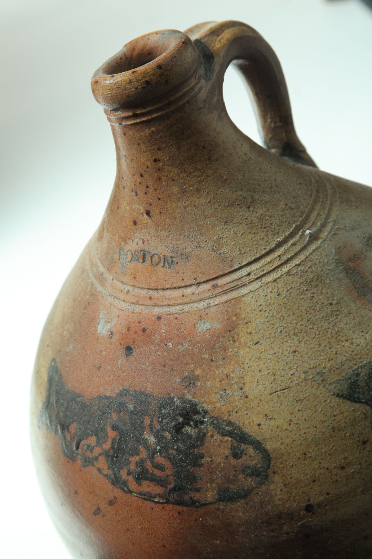 Appraisal: DECORATED STONEWARE JUG Impressed mark Boston probably Jonathan Fenton ca