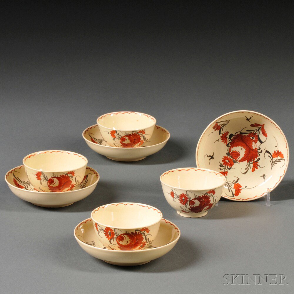 Appraisal: Four Staffordshire King's Rose Decorated Tea Bowls and Saucers England