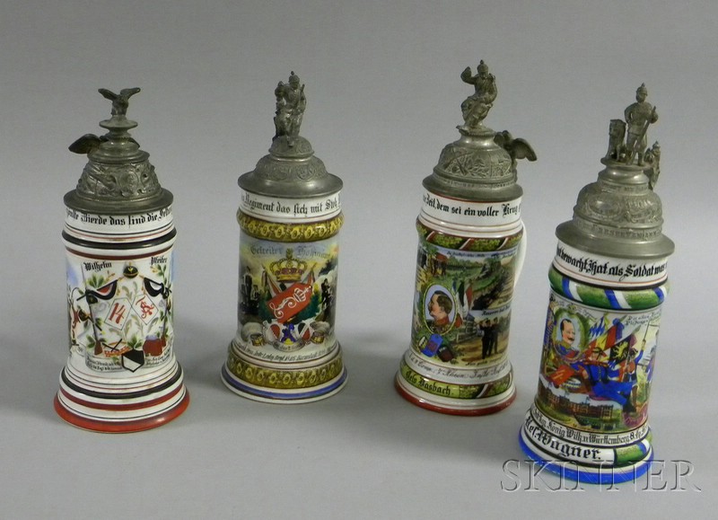 Appraisal: Four German Regimental Pewter-lidded Hand-painted Porcelain Lithophane Steins three with