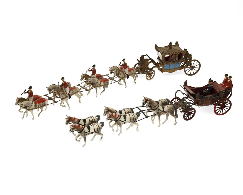 Appraisal: A group of Britains Ltd horse drawn carriage lead toys