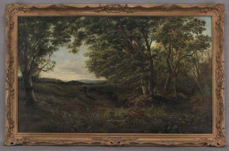 Appraisal: English School oil painting on canvas depicting aforest landscape with