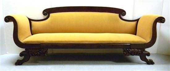 Appraisal: th C Classical Revival gold-upholstered sofa mahogany and mahogany veneer