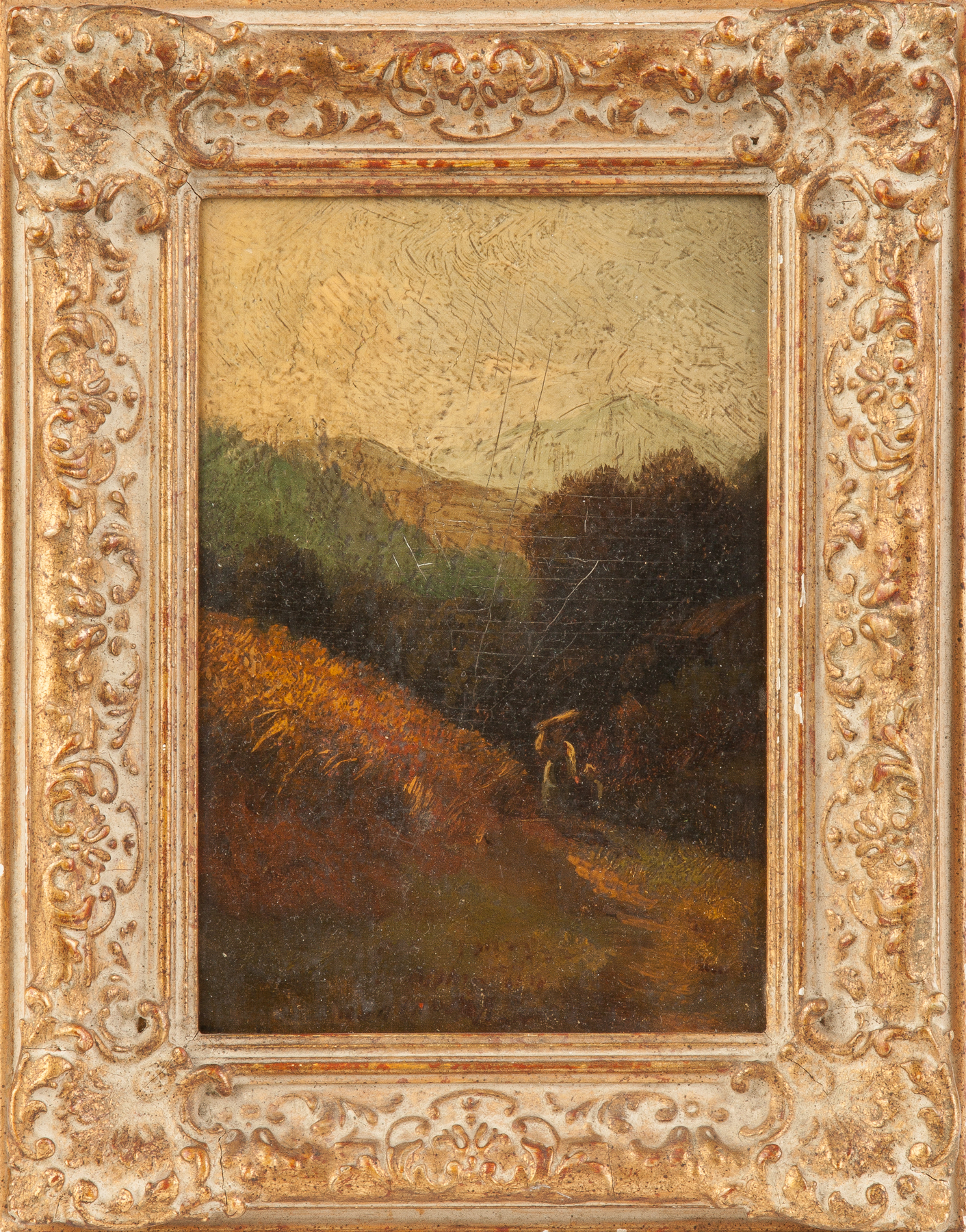 Appraisal: th cent Painting of Figures in Mountain Landscape Initialed lower