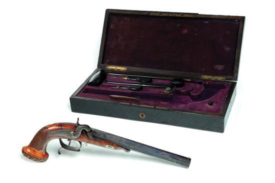 Appraisal: CASED PERCUSSION PISTOL WITH ACCESSORIES France th century Signed JLES