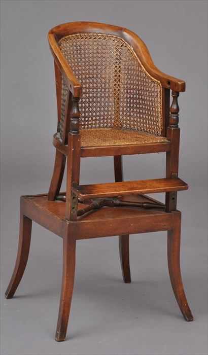 Appraisal: REGENCY MAHOGANY CHILD'S HIGH CHAIR ON STAND The cane-back with