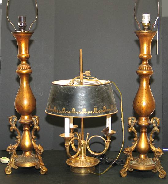 Appraisal: A Louis XVI style gilt brass three light bouillotte lamp