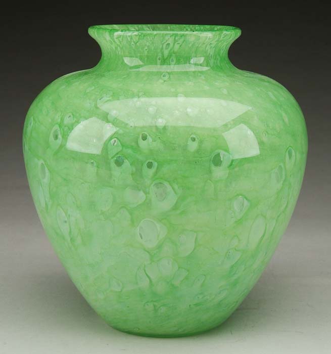 Appraisal: STEUBEN CLUTHRA VASE Wonderful large green cluthra vase features bulbous