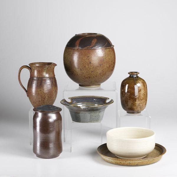 Appraisal: RICHARD LANG Seven pieces of stoneware include covered jar two