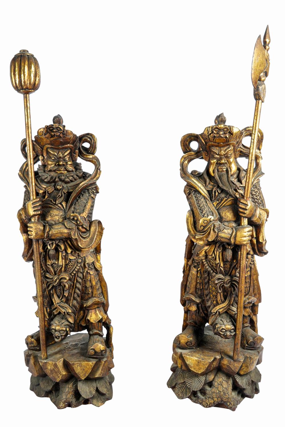 Appraisal: PAIR OF STANDING GILT WOOD CHINESE GUARDIANSCondition with wood splitting