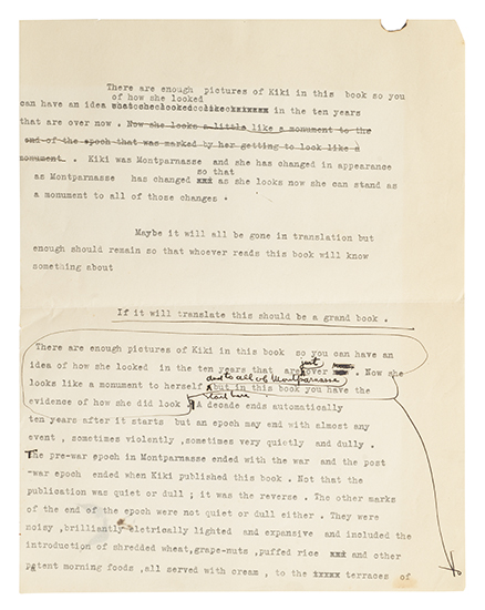 Appraisal: HEMINGWAY ERNEST Kiki's Memoirs Typescript with holograph corrections pages vo