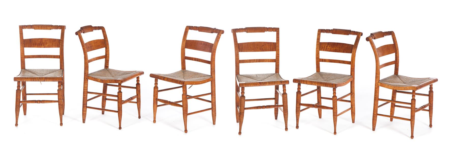 Appraisal: SIX AMERICAN CHAIRS Ca curly maple Side chairs with rush